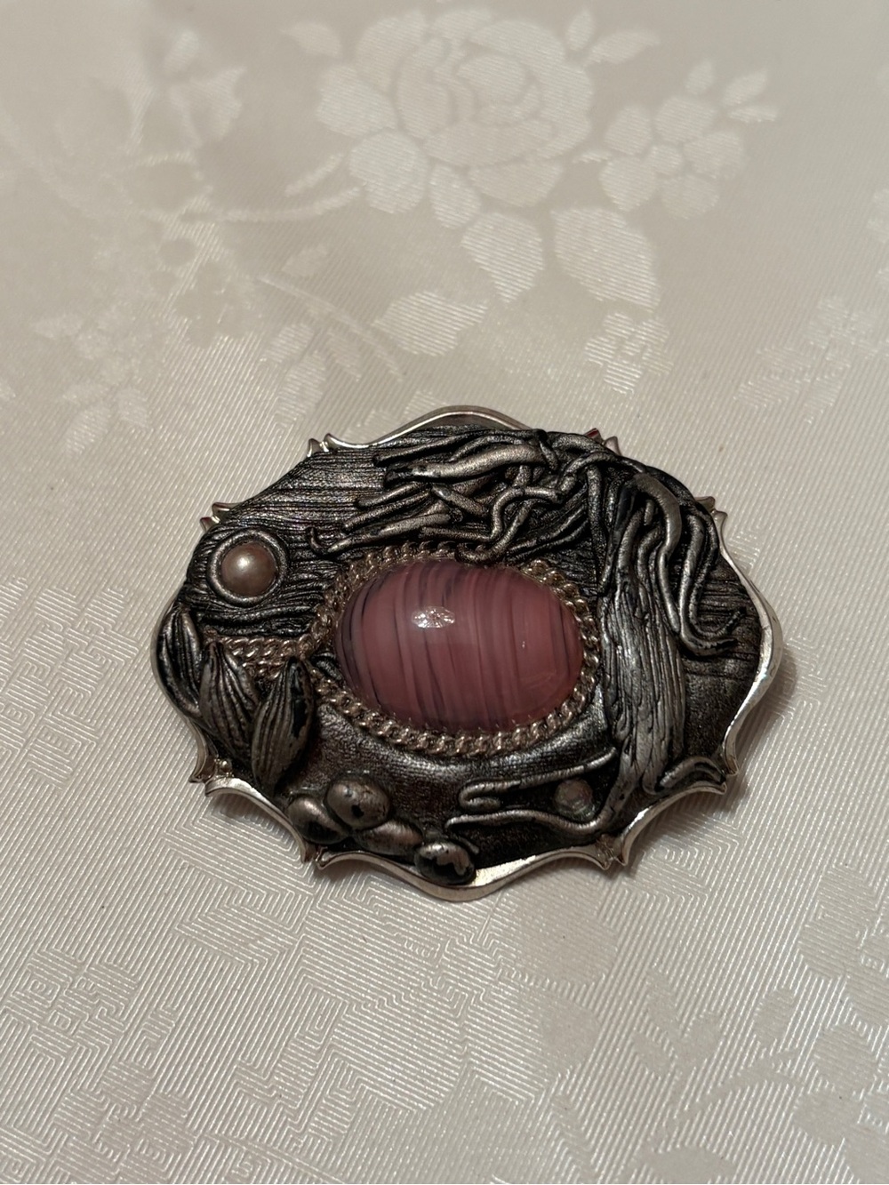 Art Deco Style Brooch with Pink Cabochon